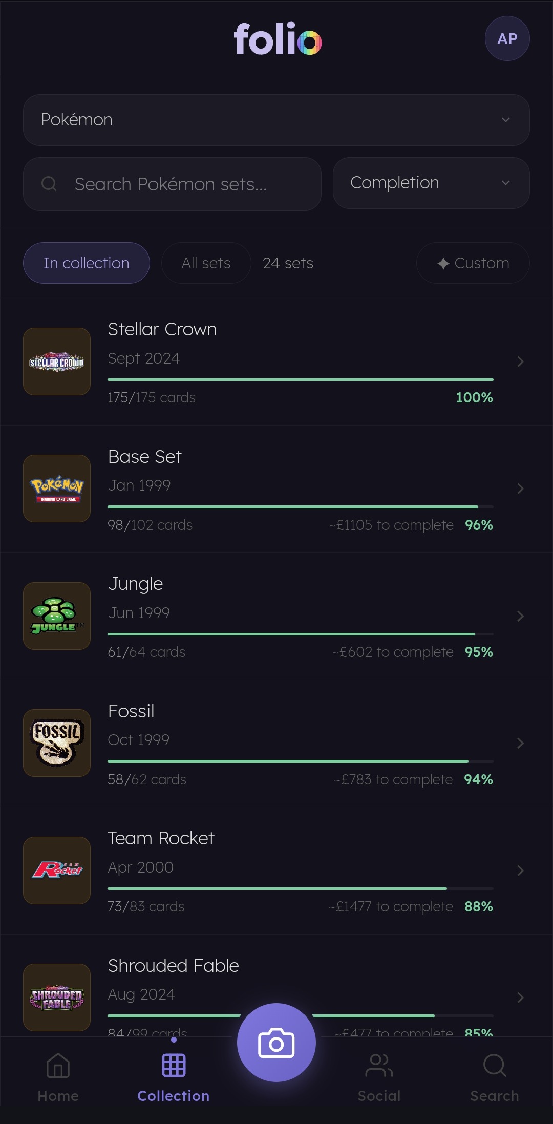 pokémon set list with completion progress